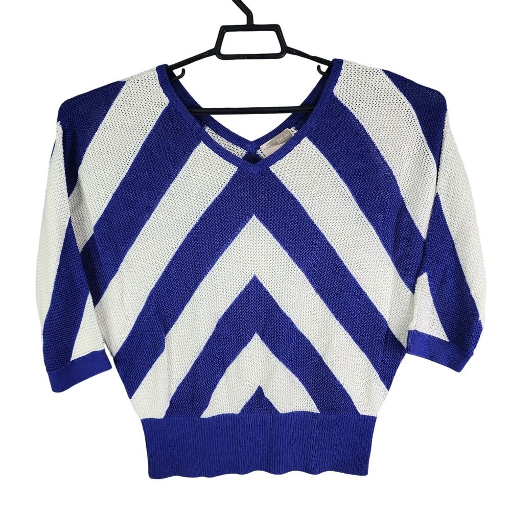 Womens Forever 21 Contemporary Blue & White Chevron Knit Sweater Top U Neck M